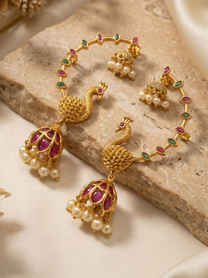 Trendy Ruby Peacock Ad Earcuff Jhumkas