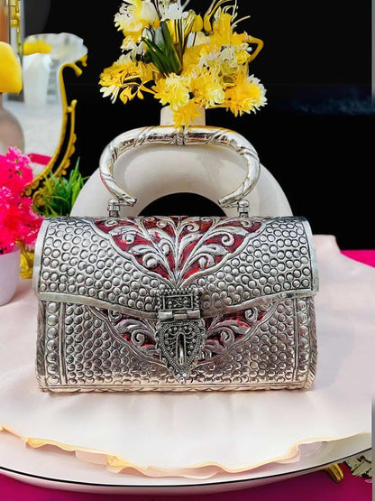 Silver Plated Brass Rectangle Clutch With Meenakari Work