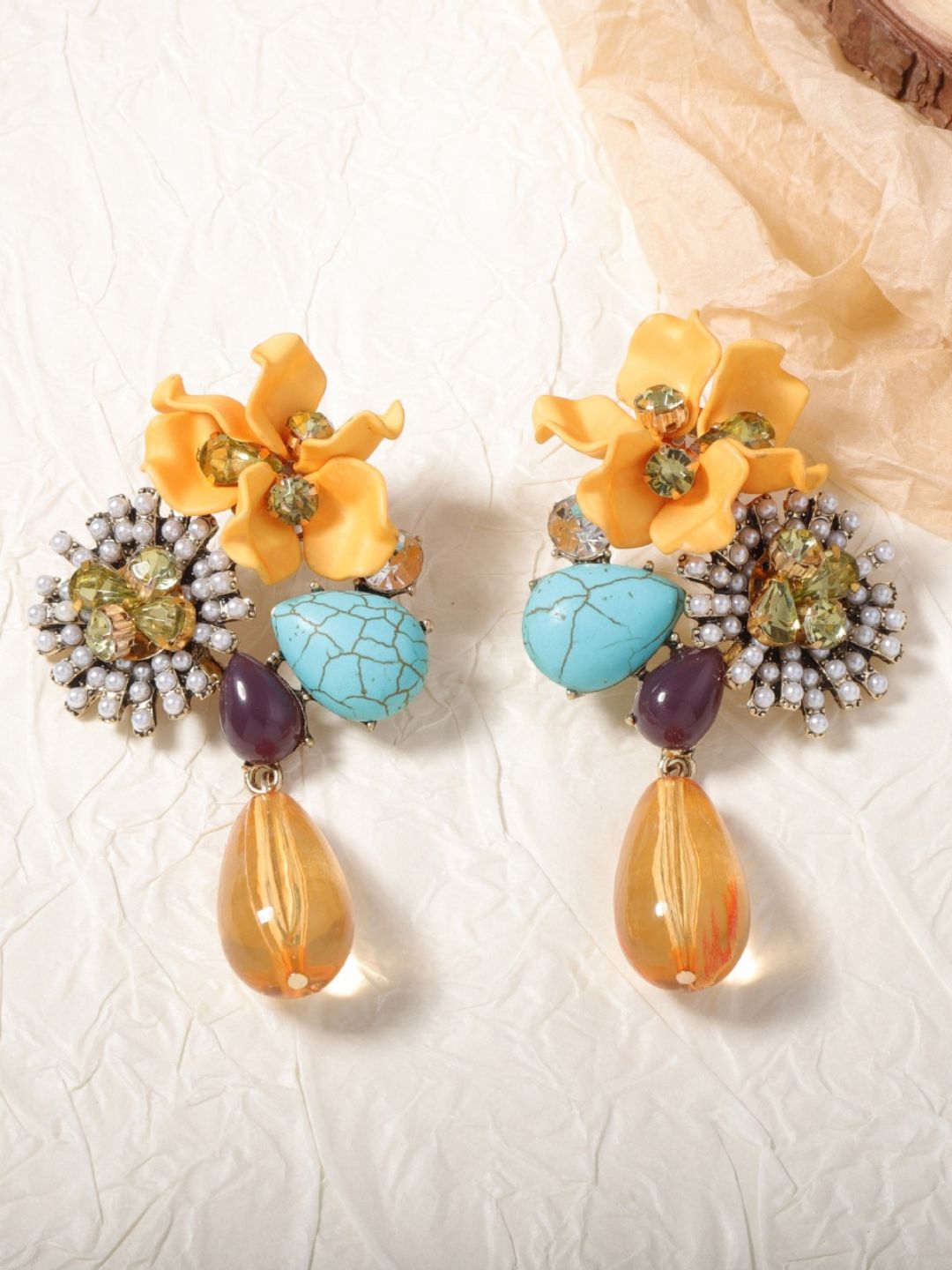 Vintage Floral Crystal Embellished Teardrop Dangle Earrings