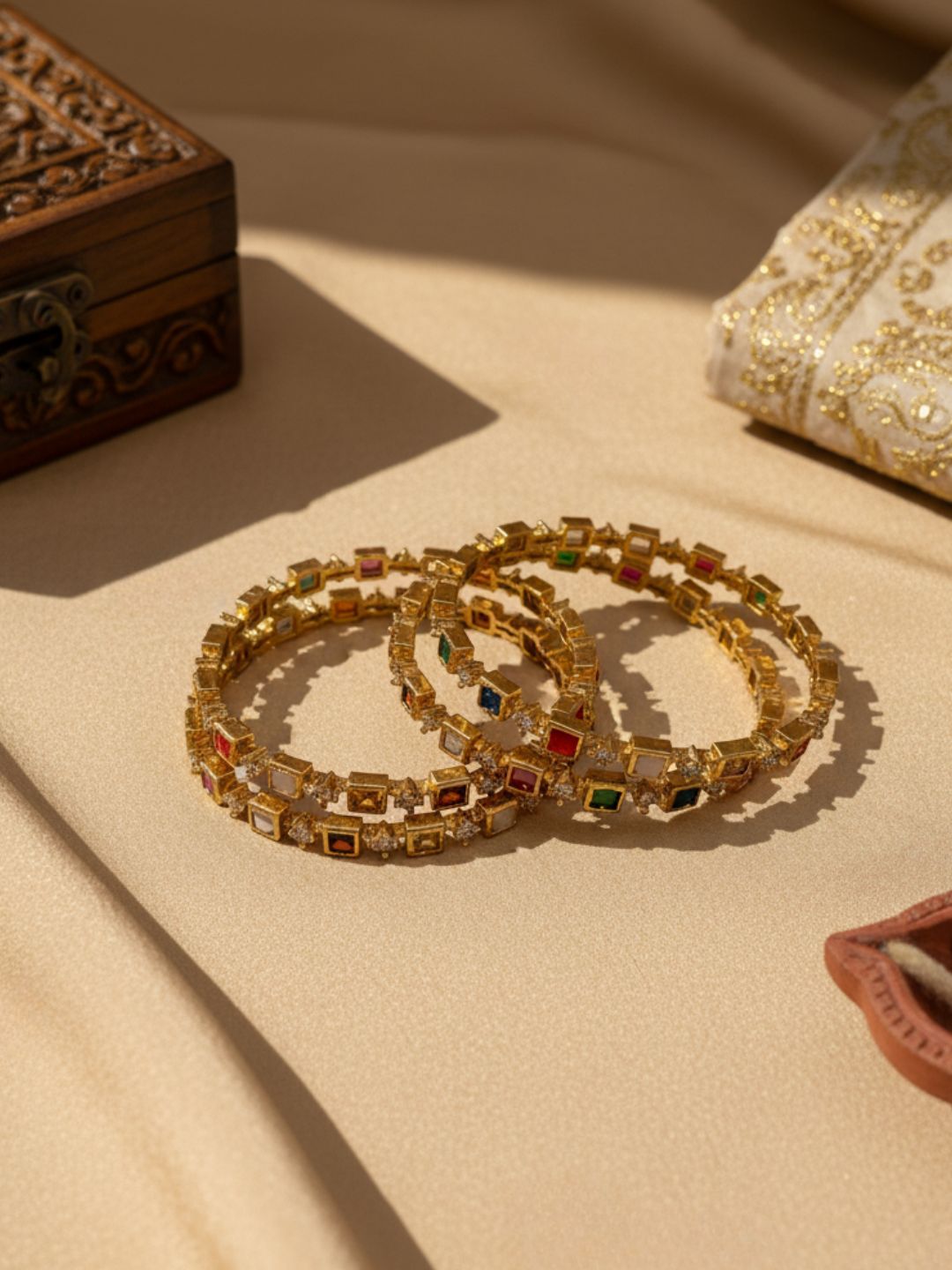 Matte Finish Navarathna Block Stone Set Of 4 Bangles