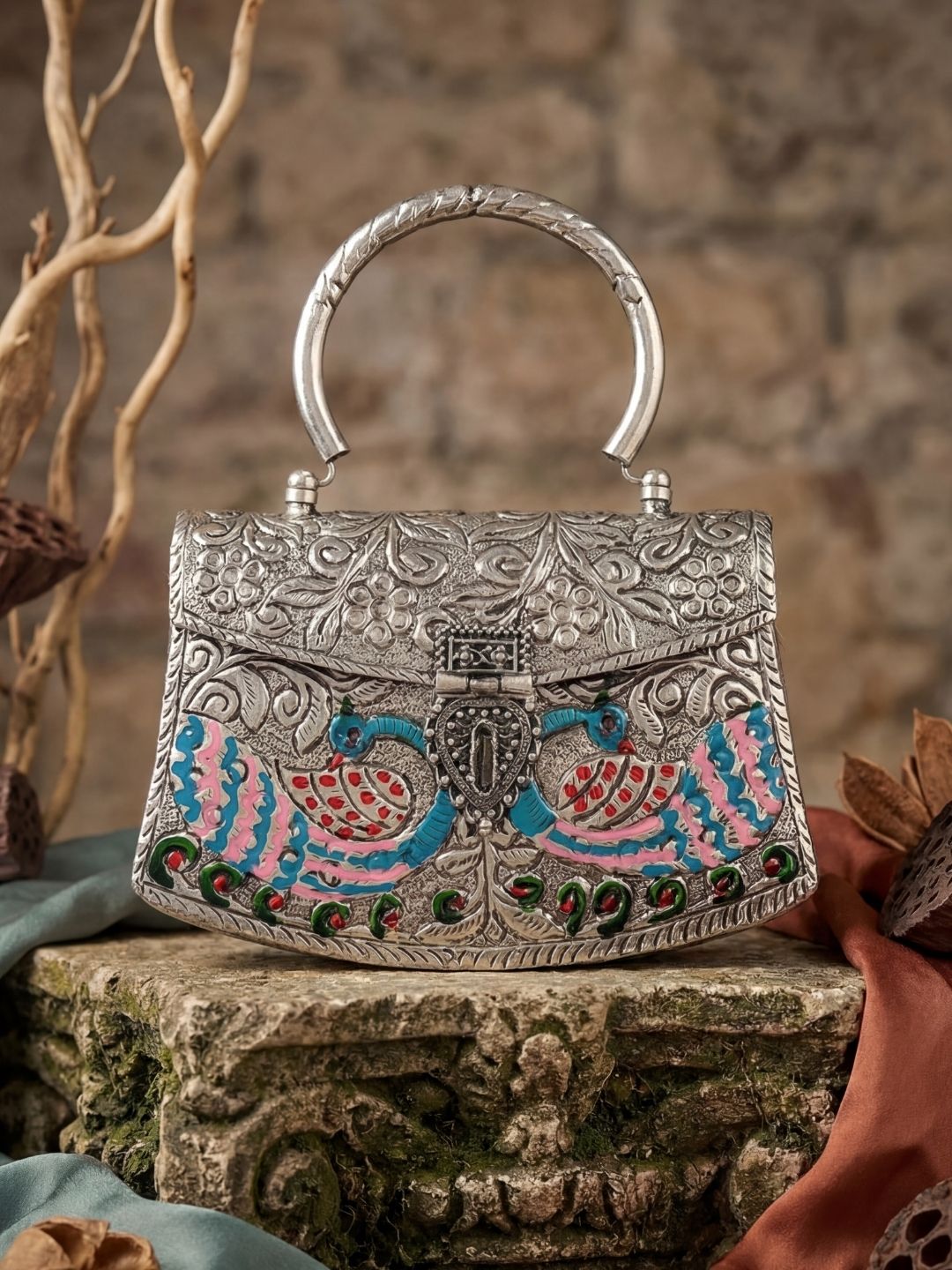 Peacock Designed Hand Carved Silver Clutch