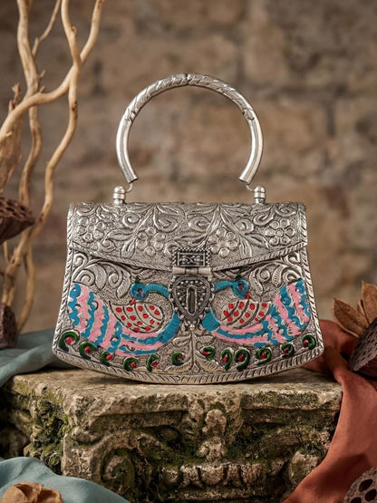 Peacock Designed Hand Carved Silver Clutch