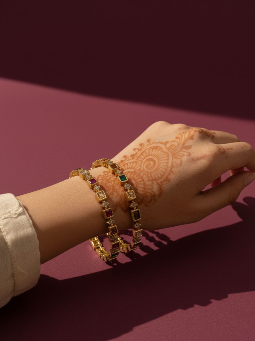 Matte Finish Navarathna Block Stone Set Of 4 Bangles