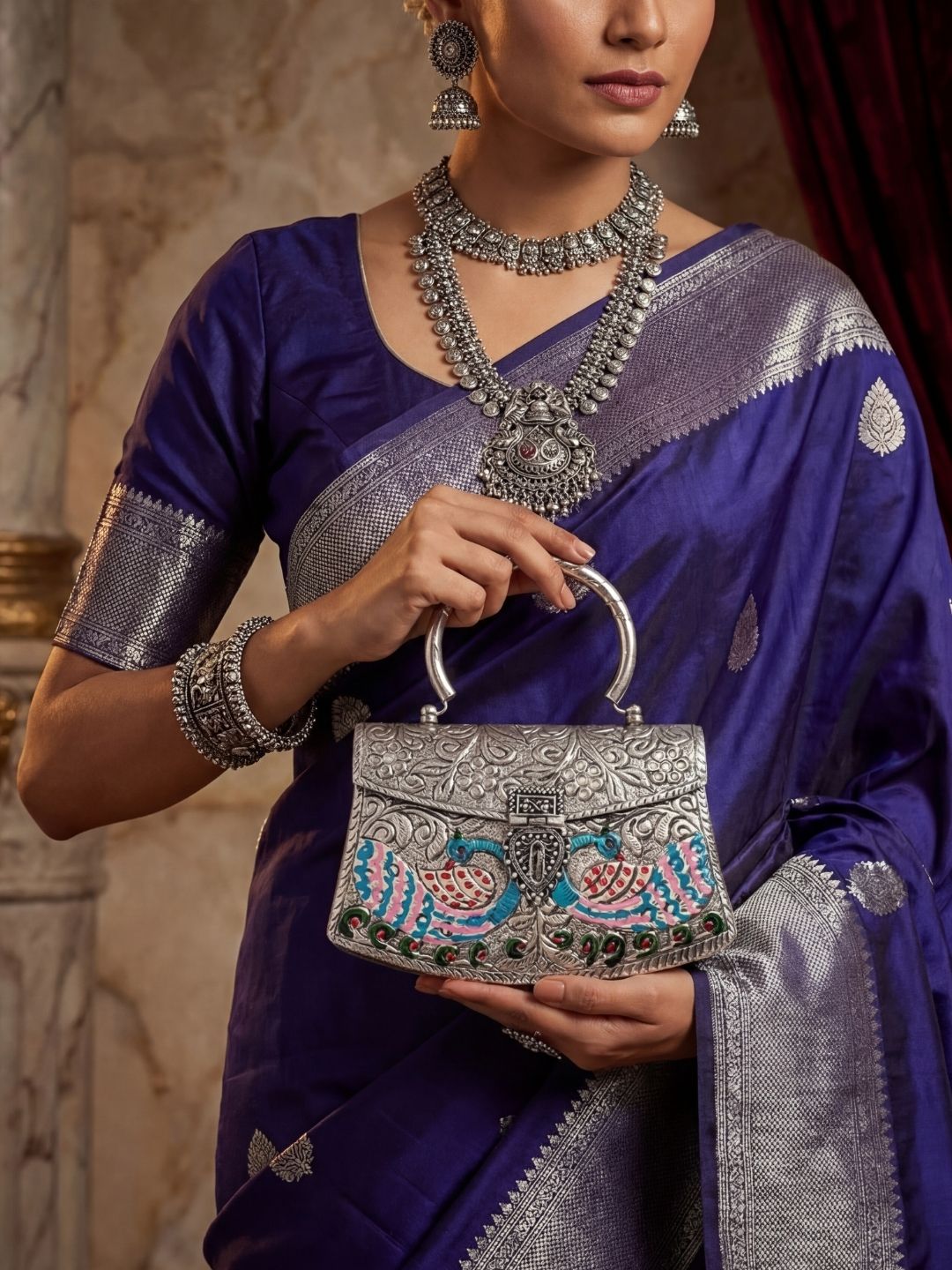 Peacock Designed Hand Carved Silver Clutch