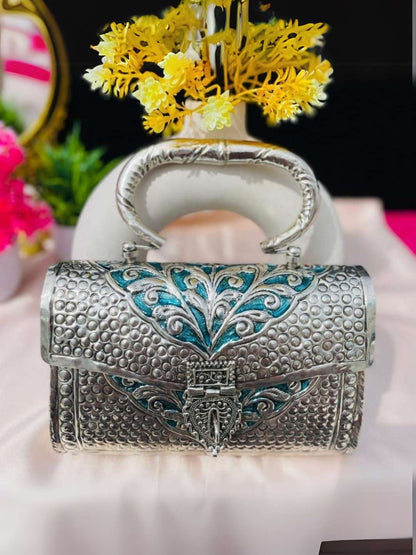 Silver Plated Brass Rectangle Clutch With Meenakari Work