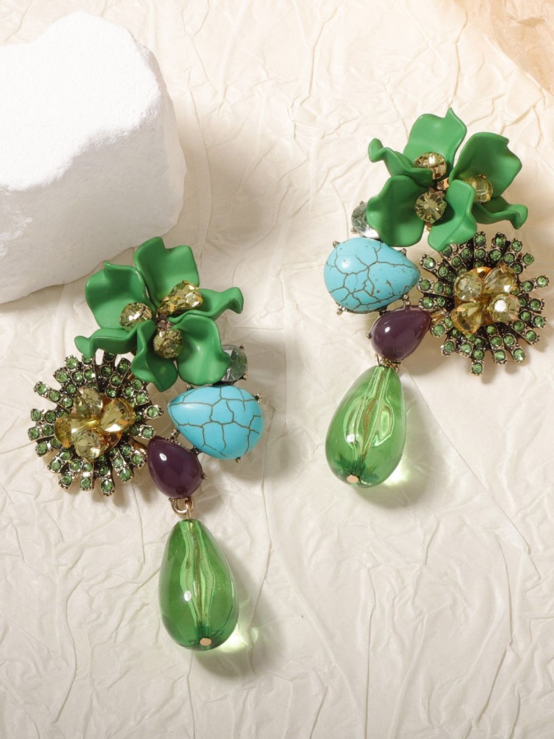 Vintage Floral Crystal Embellished Teardrop Dangle Earrings