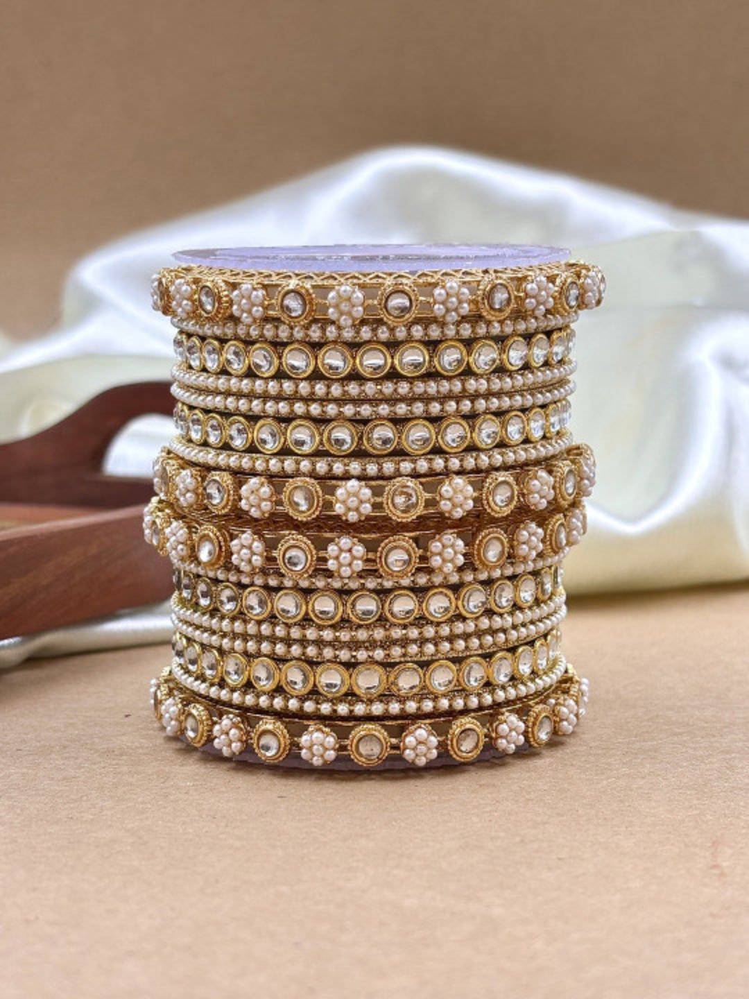 Golden Studded Pearl Bangle Set