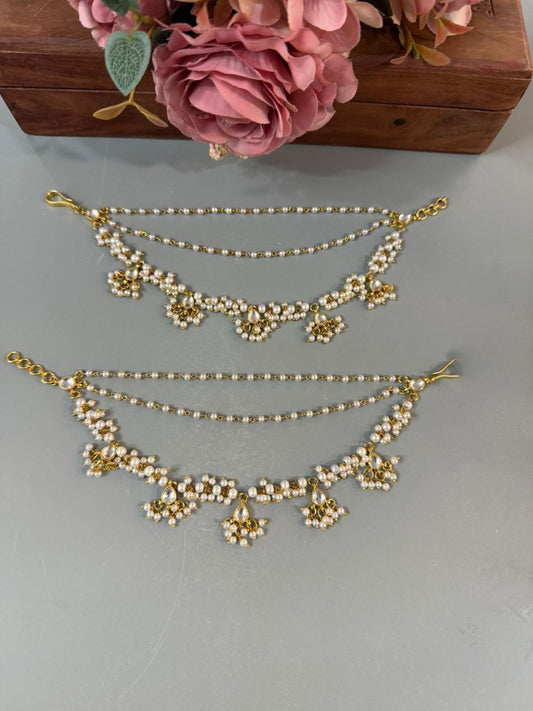 Gold Plated Pearl and Kundan Stone Ear Chain