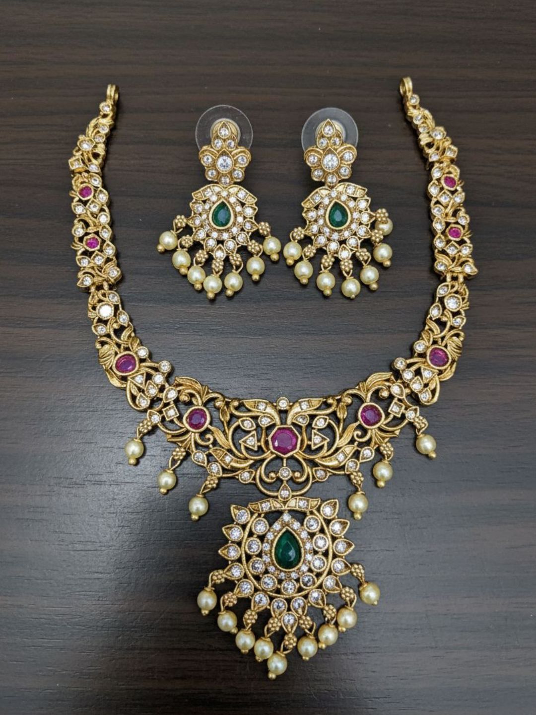 Gold Finish Ad Stones Flower Choker Necklace