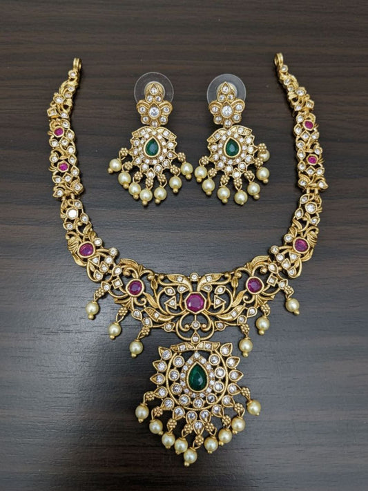 Gold Finish Ad Stones Flower Choker Necklace