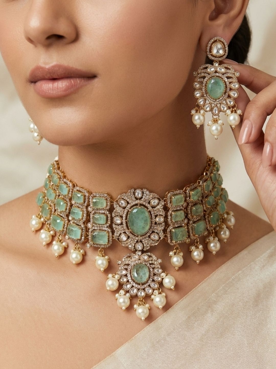 Kundan Polki And Pearl Meenakari Choker Necklace Set