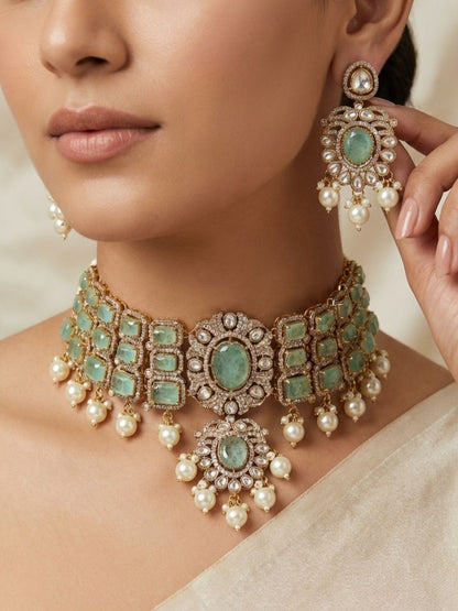 Kundan Polki And Pearl Meenakari Choker Necklace Set