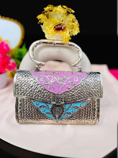Silver Plated Brass Rectangle Clutch With Meenakari Work