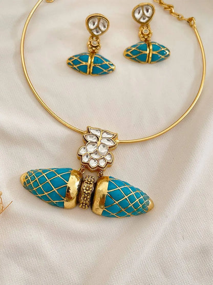 Stone Studded Ethnic Fusion Duck Motif Lotus Hasli Necklace
