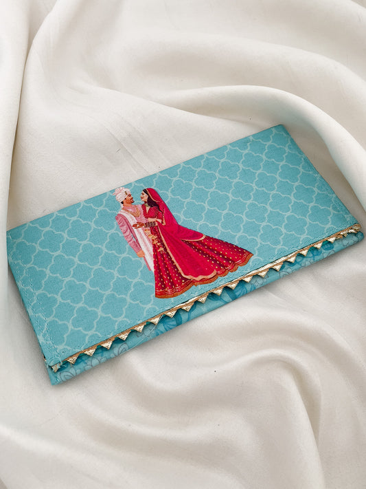 Blue Colored Dulha Dulhan Embedded Fabric Envelope Clutches