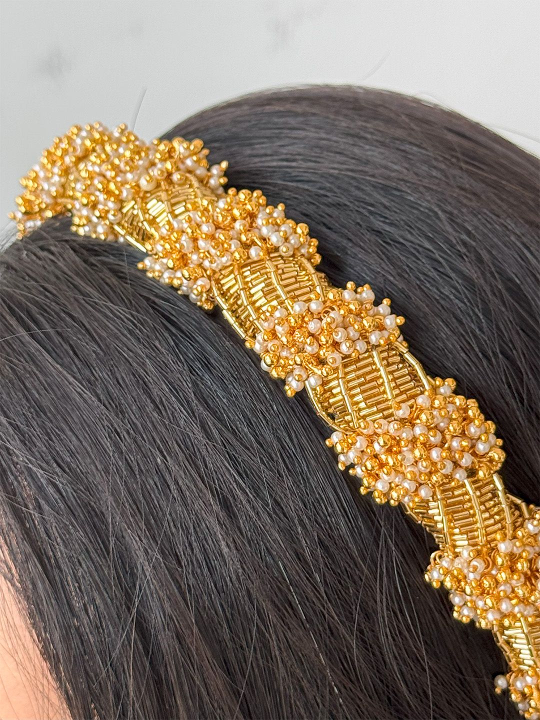 Ishhaara Gold Finish Handcrafted Hairband With Semi Precious Stone