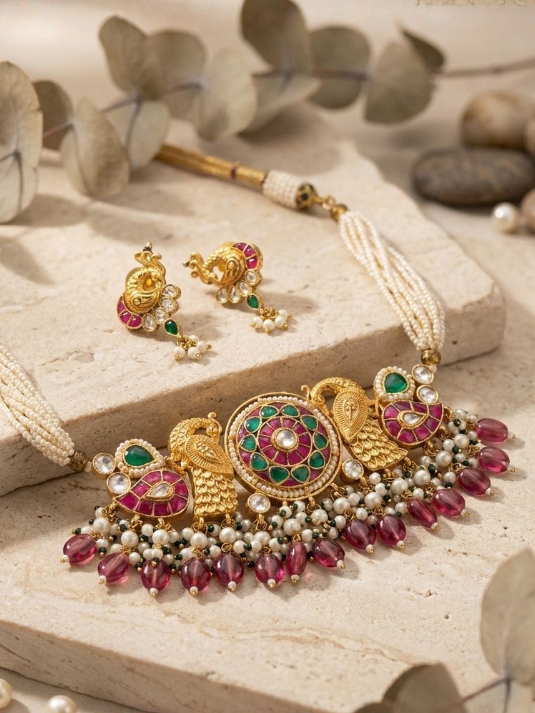 Peacock Shaped Jadau Kundan Studded Bridal Choker Set