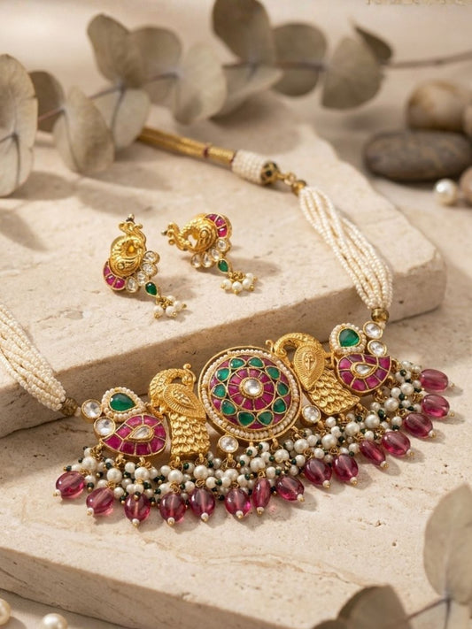 Peacock Shaped Jadau Kundan Studded Bridal Choker Set