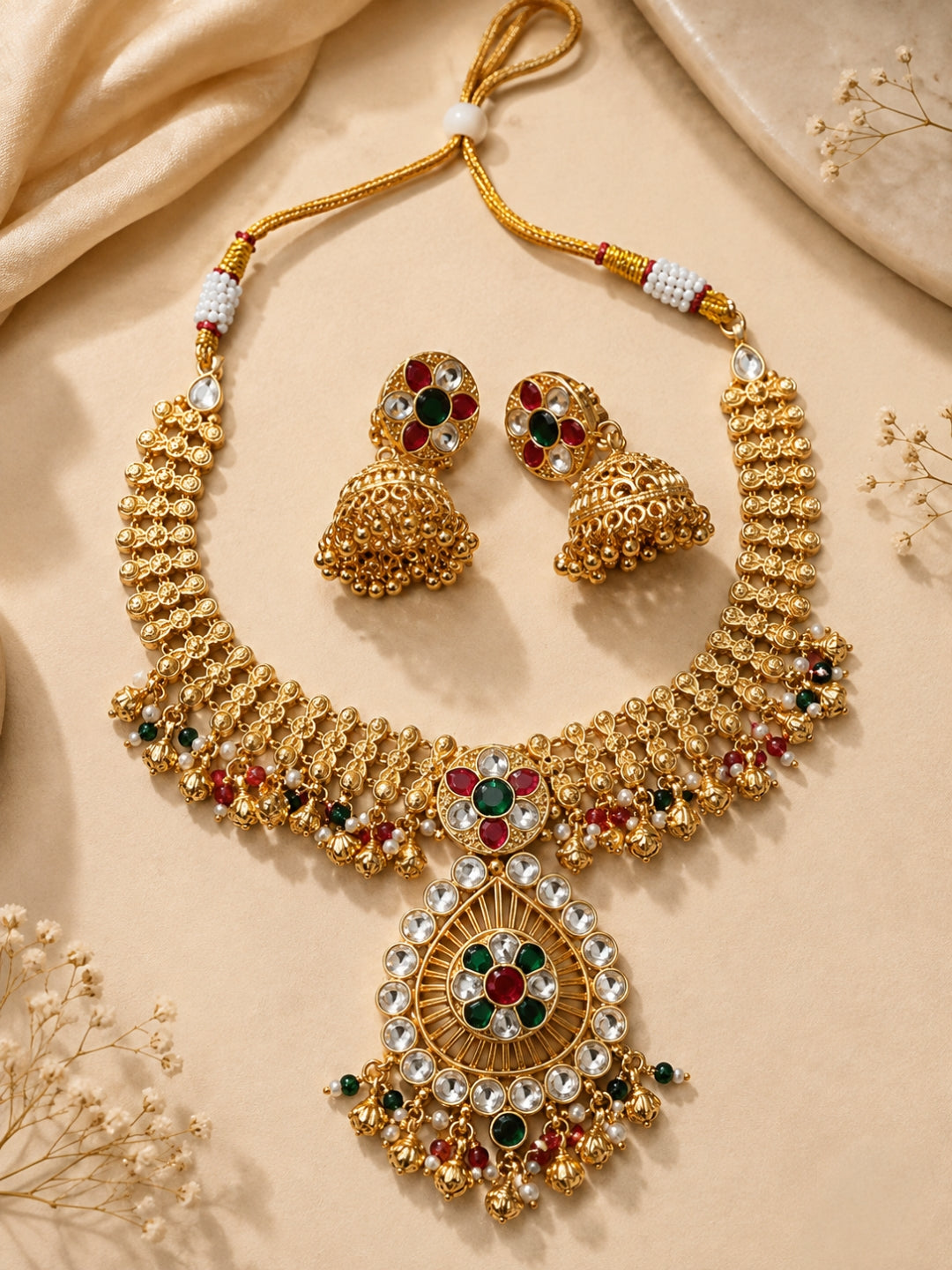 Ishhaara Gold Plated Drop Pendant Pachi Kundan Necklace