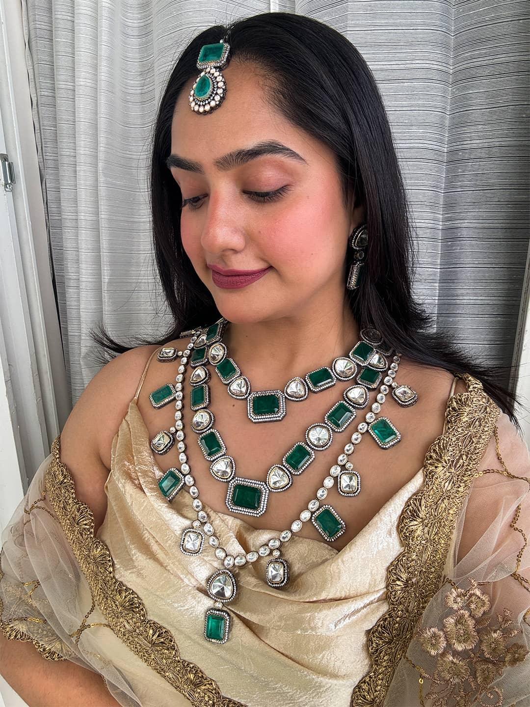 Ishhaara  Green Color Gold Plated Faux Polki Necklace Set