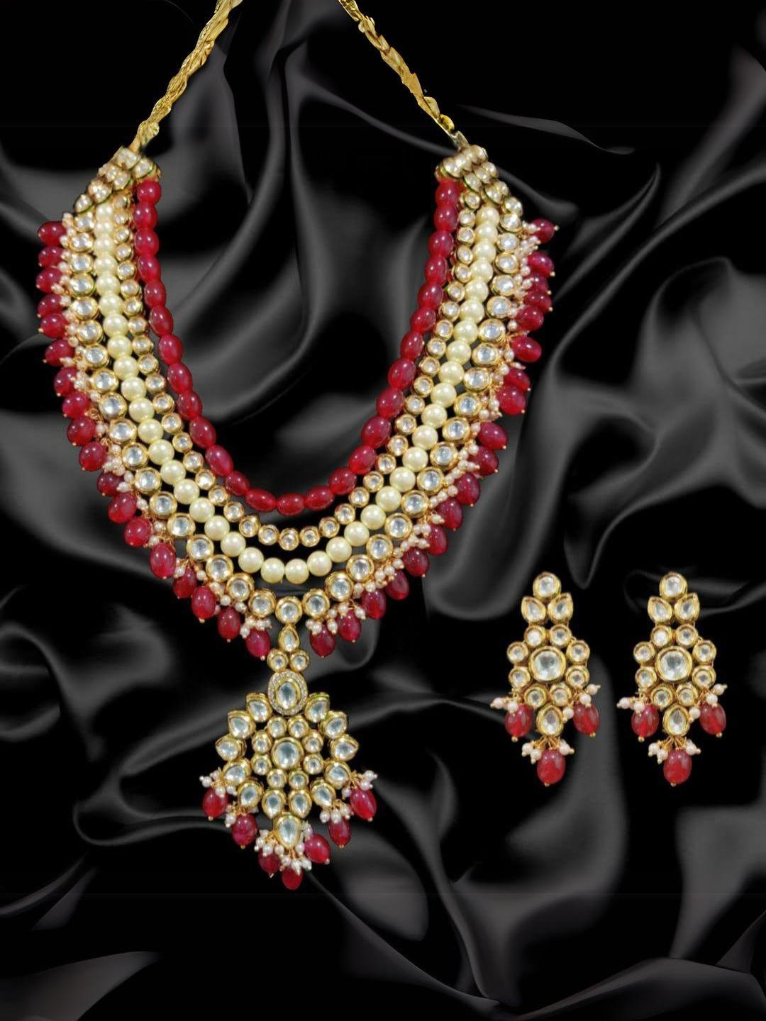 Ishhaara  Maroon Beads Gold Plated Kundan Necklace Set