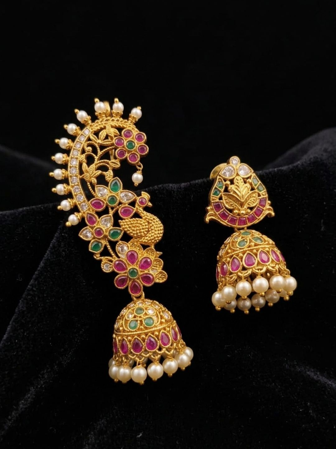 Ishhaara 3 In 1 Antique Gold Peacock Ear Cuff Jhumka