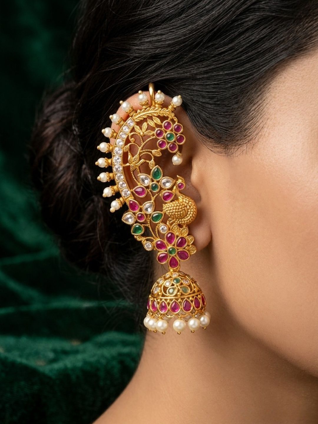 Ishhaara 3 In 1 Antique Gold Peacock Ear Cuff Jhumka