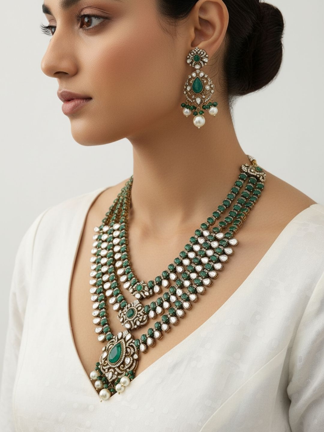 Ishhaara 3 Layers Victorian Moissanite Long Necklace