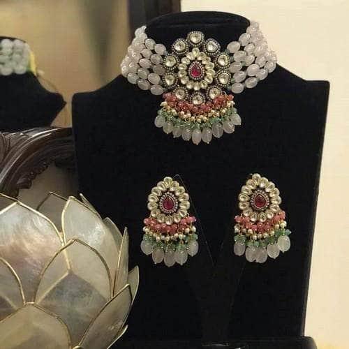 Ishhaara Aayushi In Drop Stone Multi Bead Choker Necklace Set