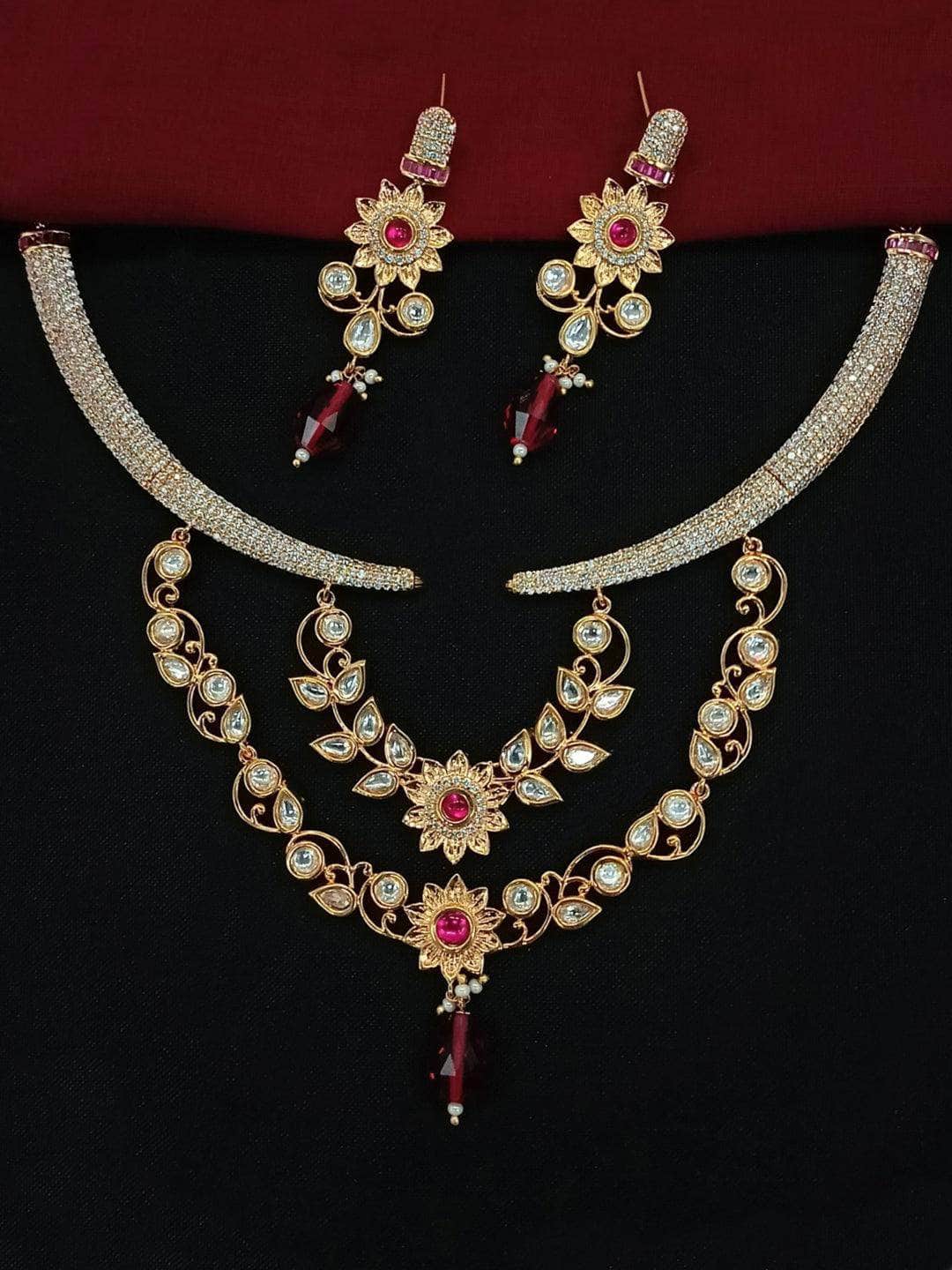 Ishhaara Blue Ad Stone Kundan Leaf Necklace Set