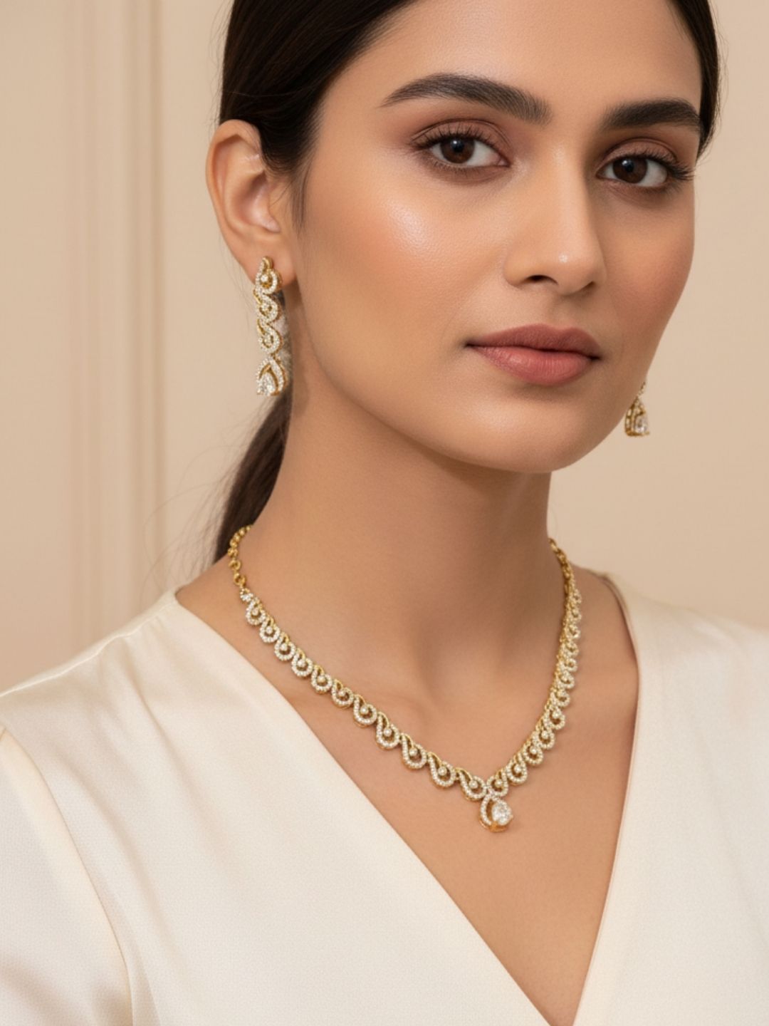 Ishhaara American Diamond Floral Ring Necklace Set