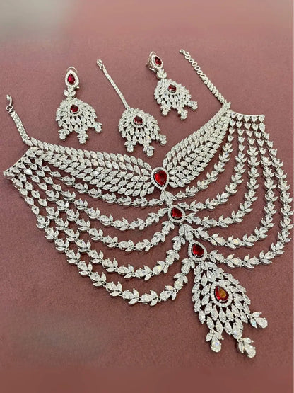 Ishhaara American Diamond Ruby Long Necklace With Earrings