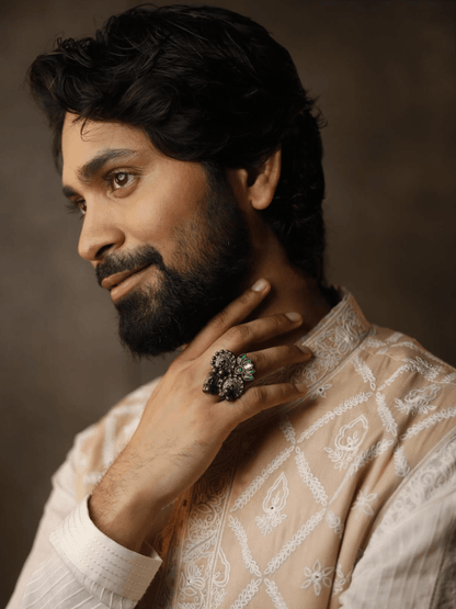 Ishhaara Ankush Bahuguna In Oxidised Green Pearl Ring