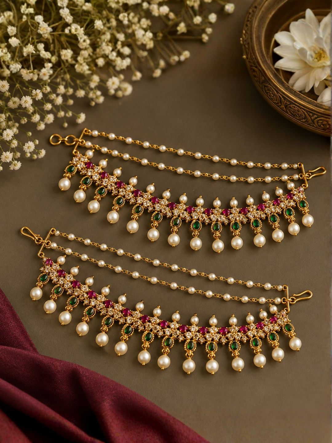 Ishhaara Antique Ad Stone Pearl Ear Chains