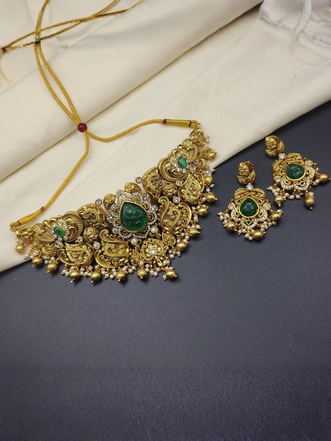 Ishhaara Antique Carved Green Stone Choker Neckalce