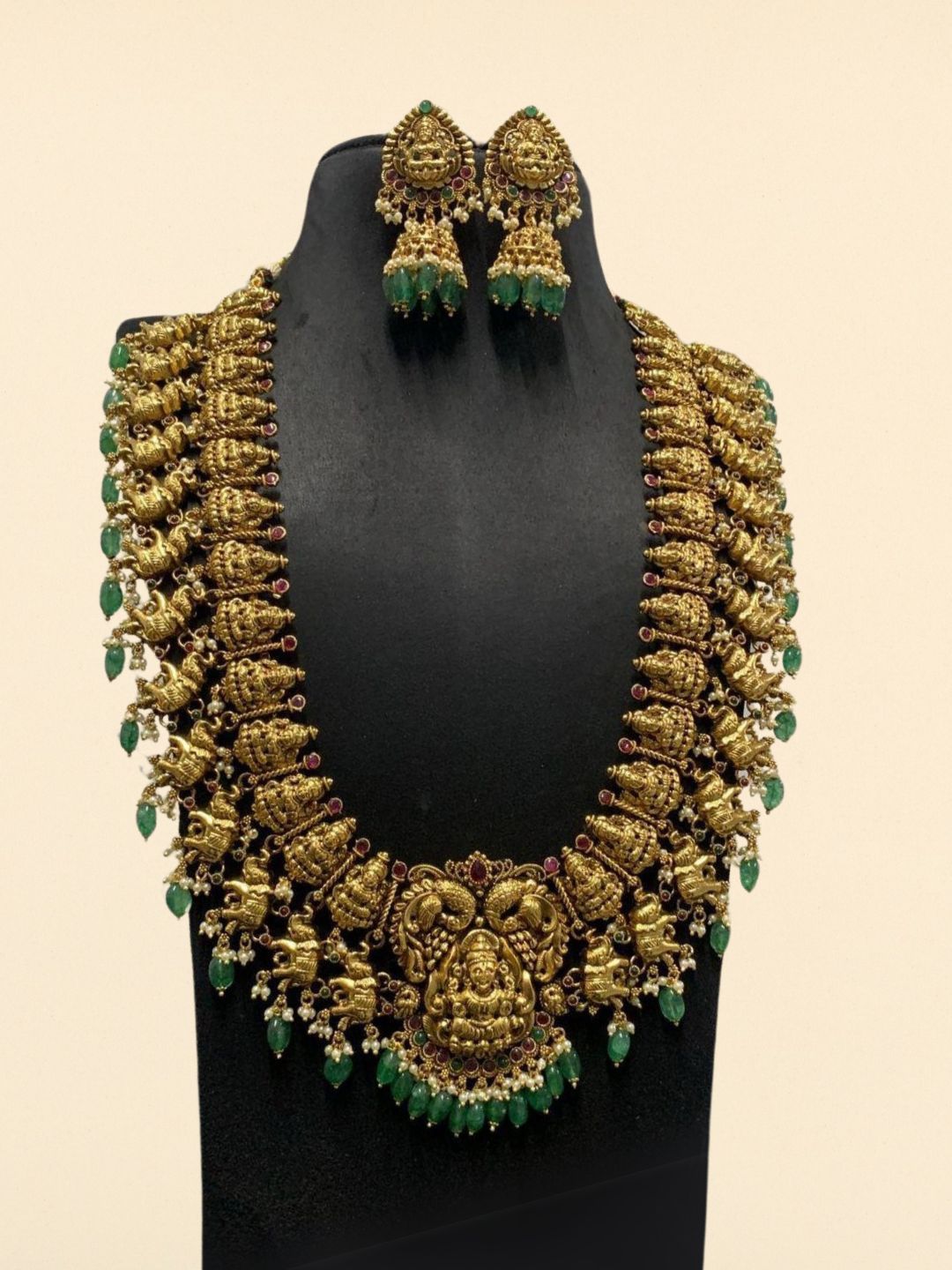 Ishhaara Antique Gold And Green Beads Studded Long Necklace