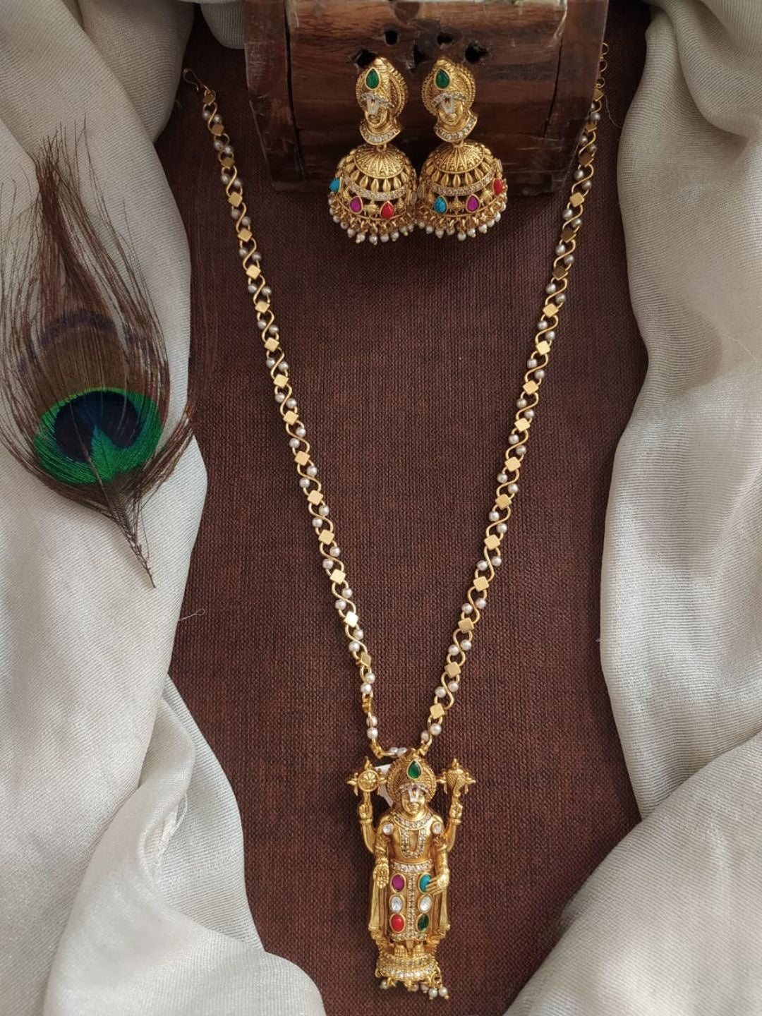Ishhaara Antique Gold Deity Long Haram Necklace Set - handcrafted Indian jewellery