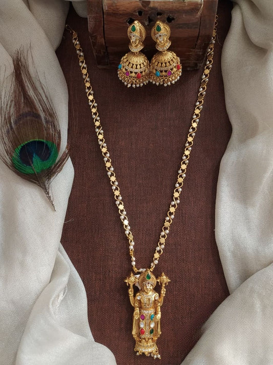 Ishhaara Antique Gold Deity Long Haram Necklace Set - handcrafted Indian jewellery
