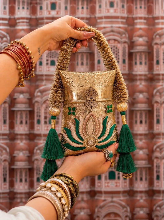 Ishhaara Meenakari Embellished Clutch cum Potli Bag — handcrafted Indian jewellery
