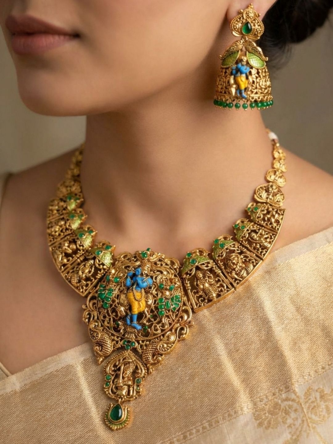 Ishhaara Antique Gold Finish Enamelled Choker Set