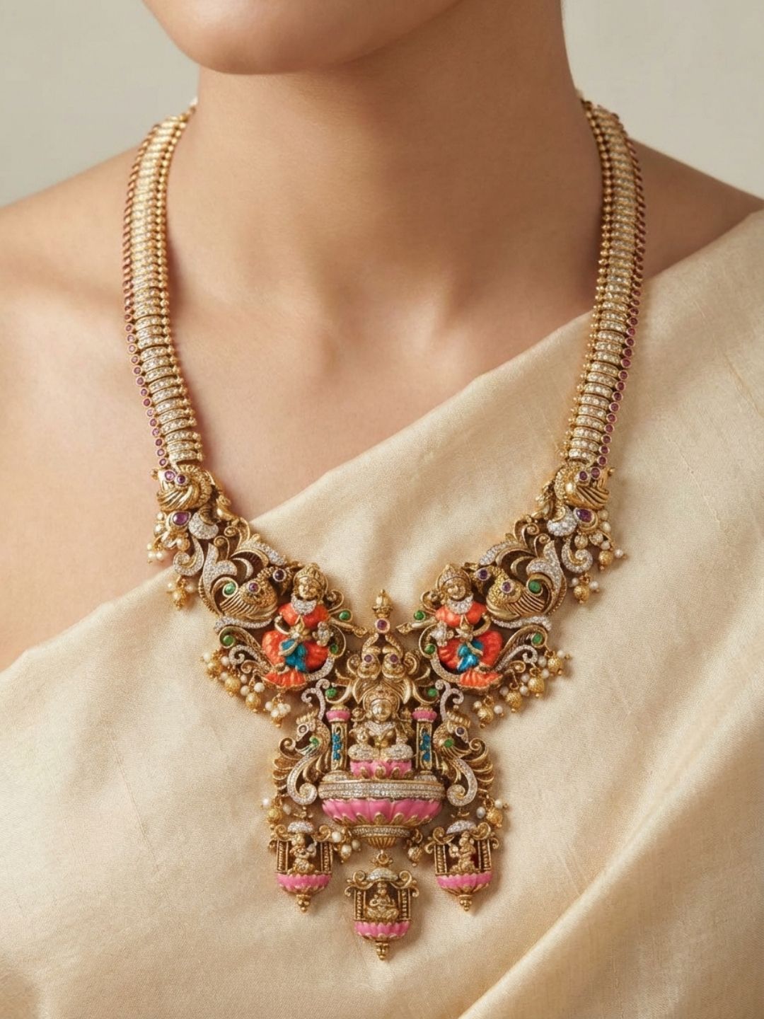Ishhaara Antique Gold Finish Enamelled Temple Long Necklace Set