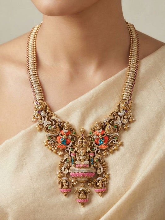 Ishhaara Antique Gold Finish Enamelled Temple Long Necklace Set