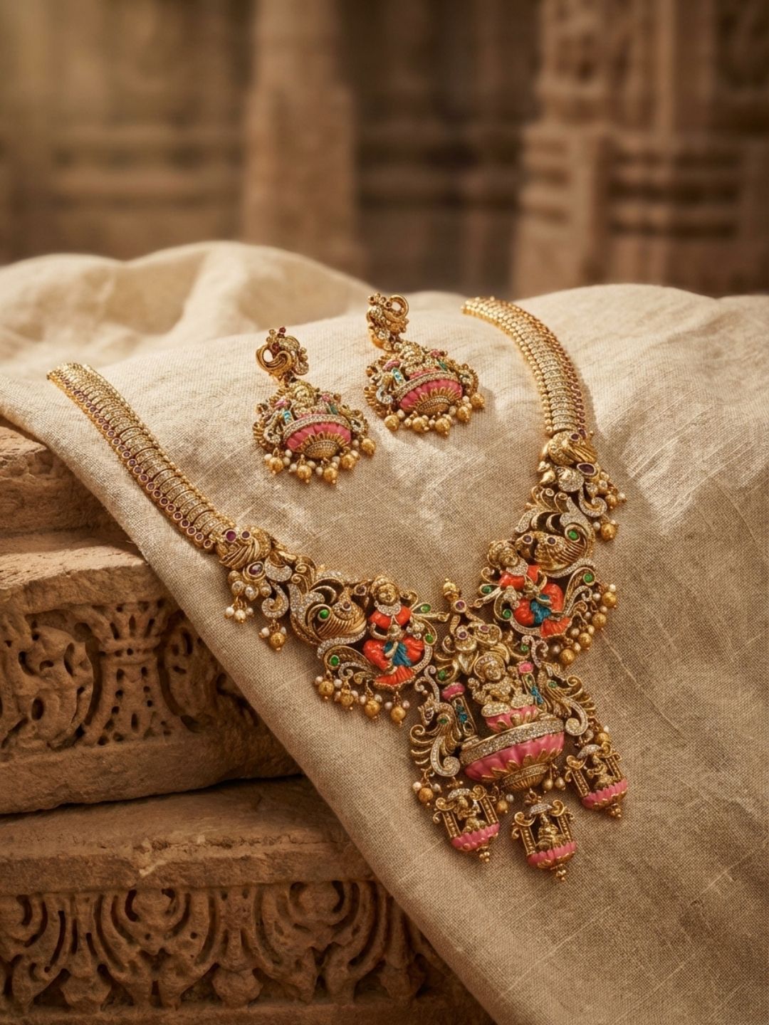 Ishhaara Antique Gold Finish Enamelled Temple Long Necklace Set
