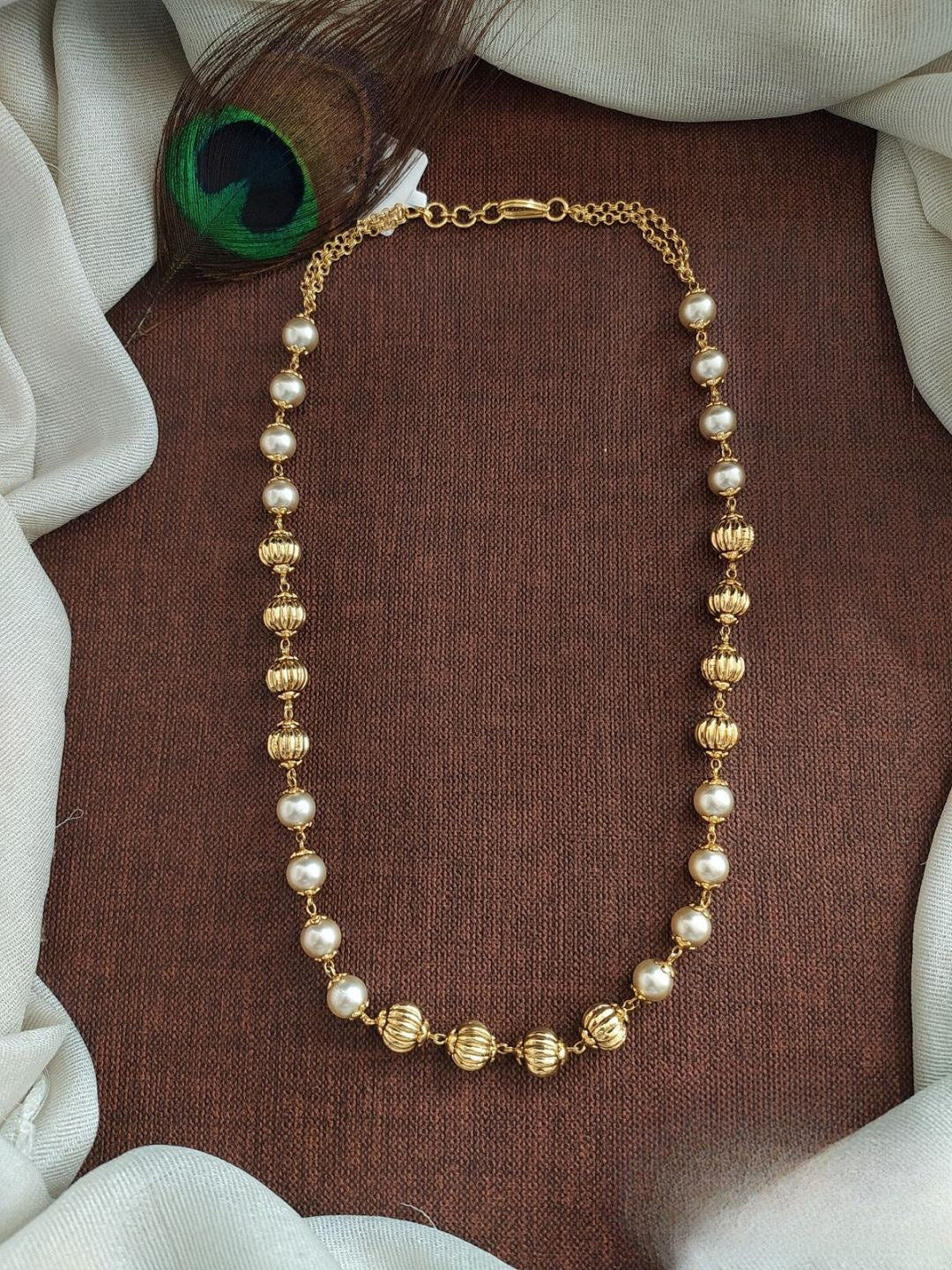 Ishhaara Antique Gold Pearl Beaded Mala Necklace - handcrafted Indian jewellery