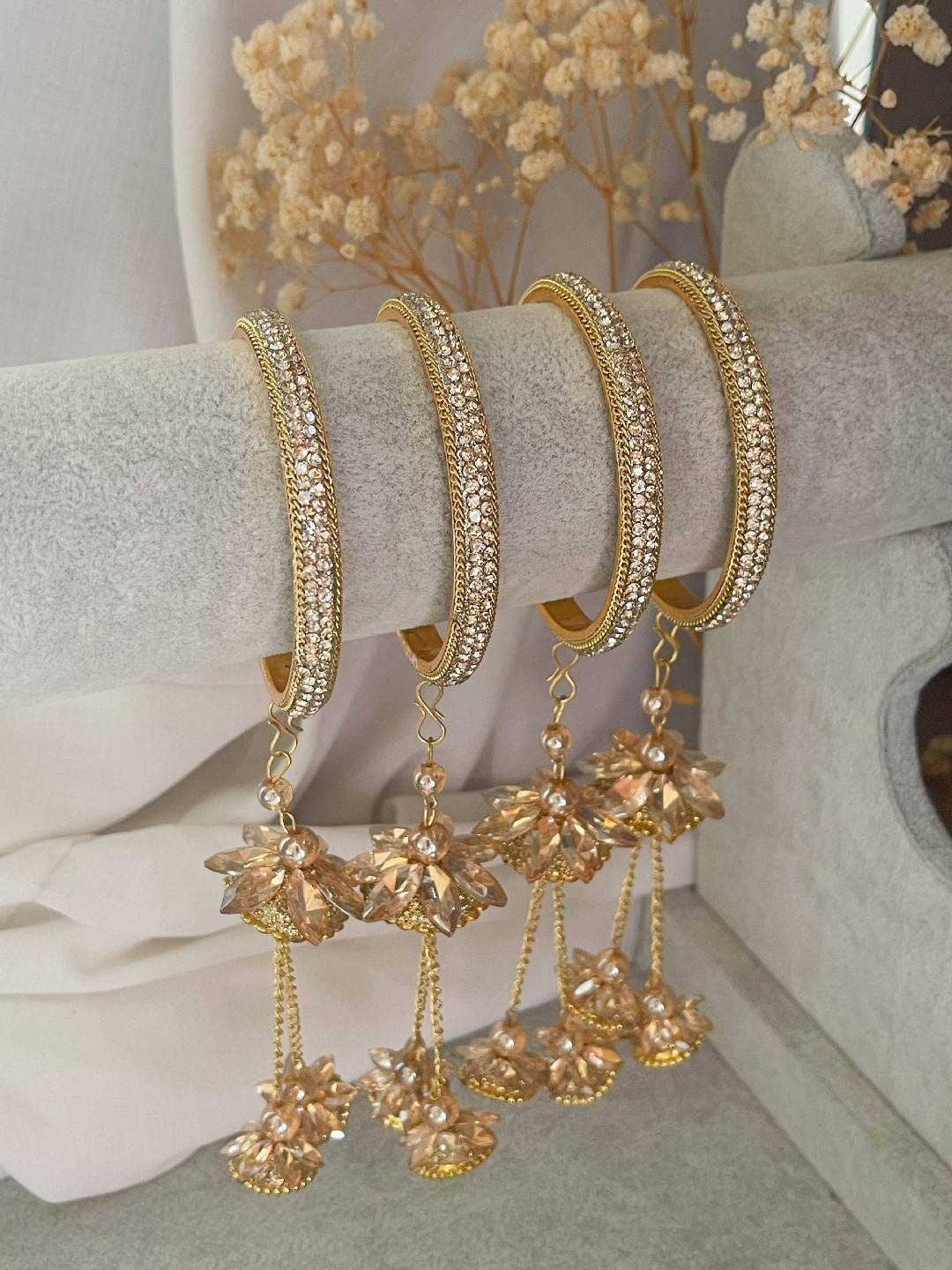 Ishhaara Antique Gold Stone Bangles With Floral Jhumka