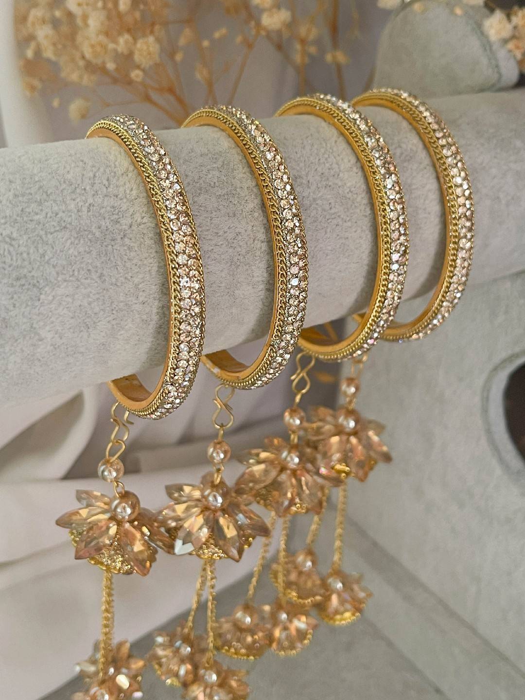 Ishhaara Antique Gold Stone Bangles With Floral Jhumka
