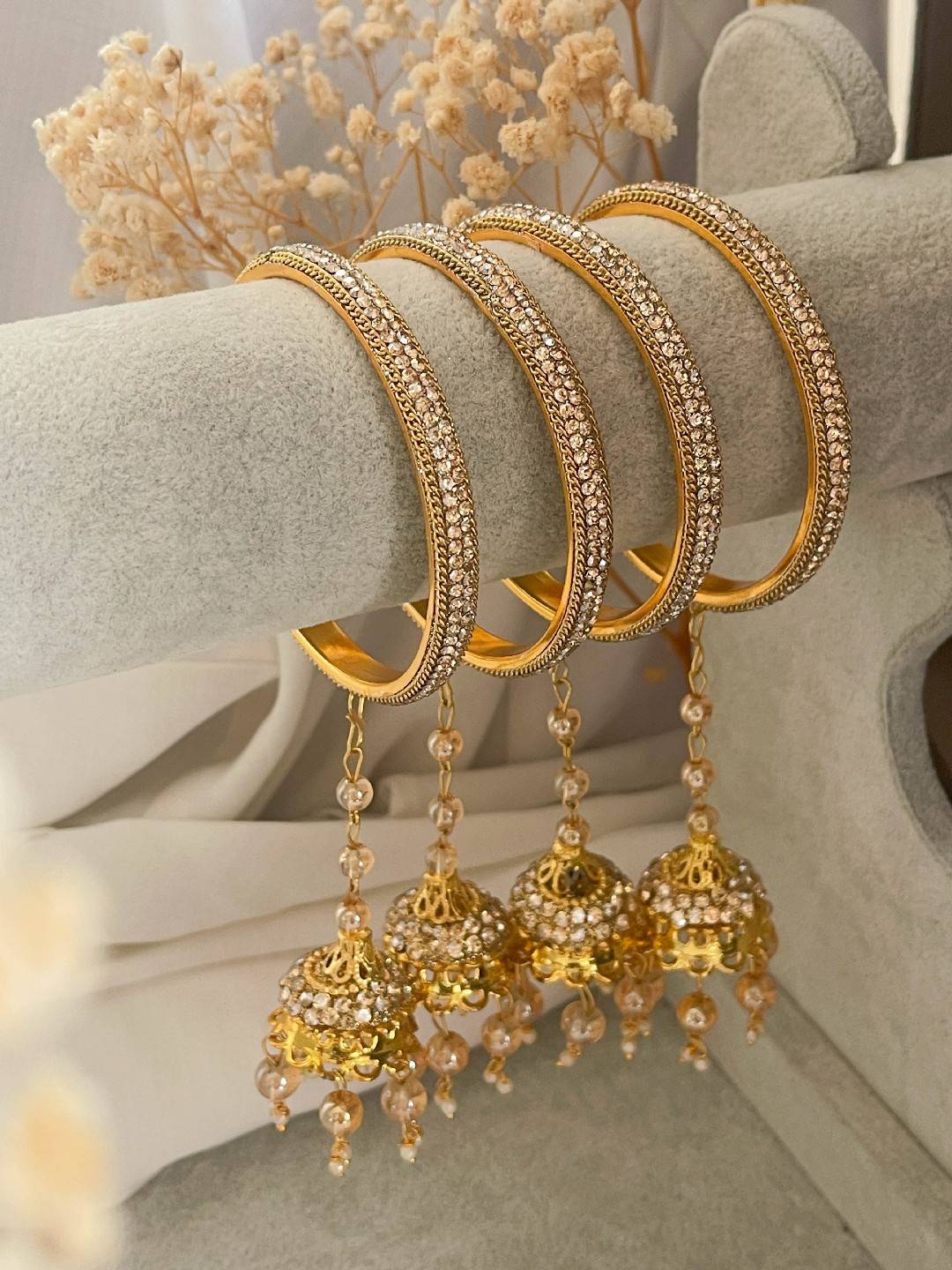 Ishhaara Antique Gold Stone Bangles With Jhumka