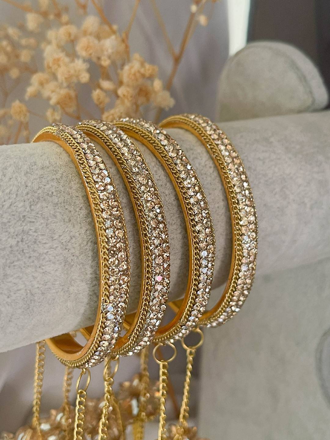 Ishhaara Antique Gold Stone Bangles With Jhumka