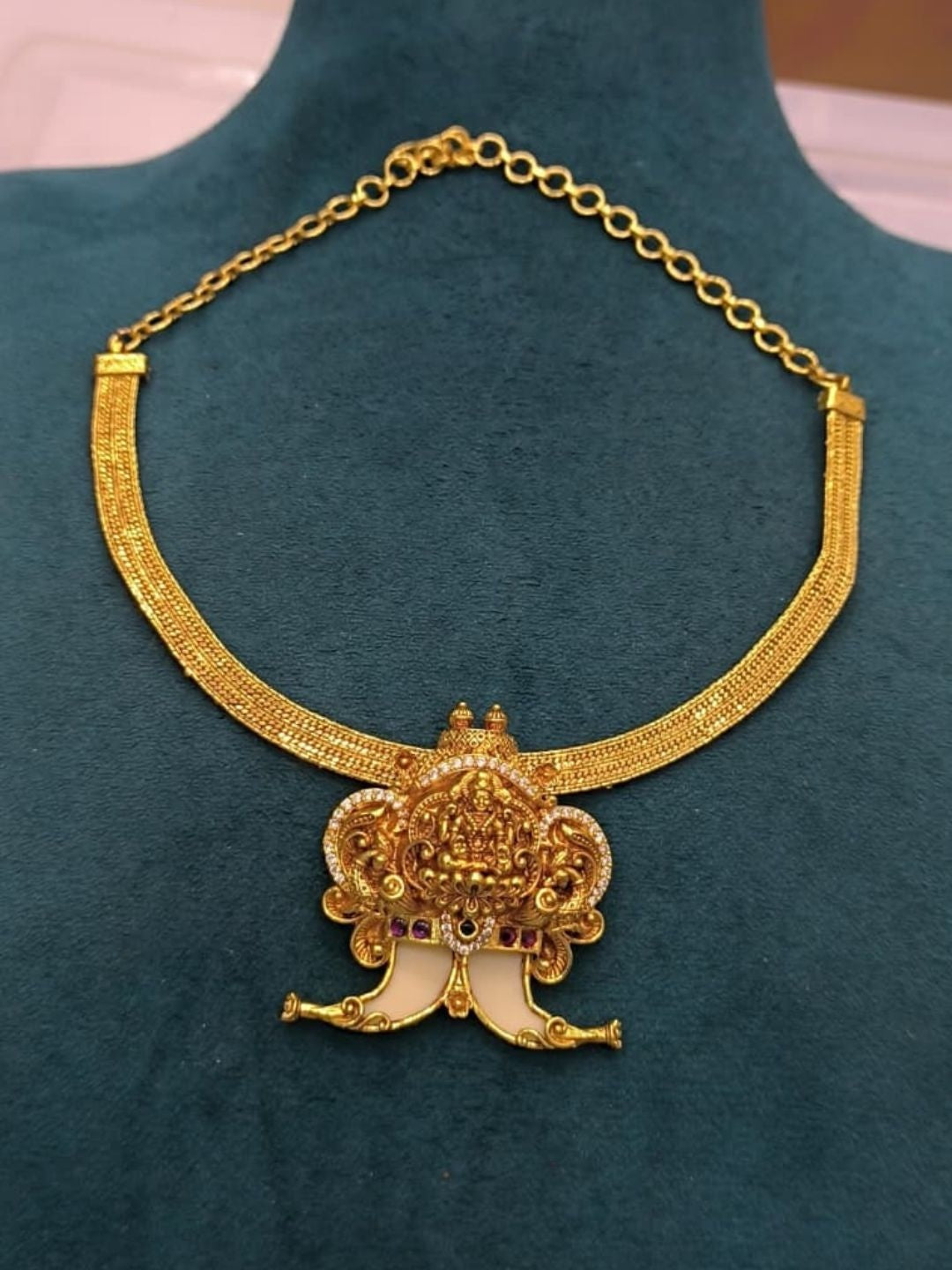 Ishhaara Antique Gold Temple Choker Necklace - handcrafted Indian jewellery