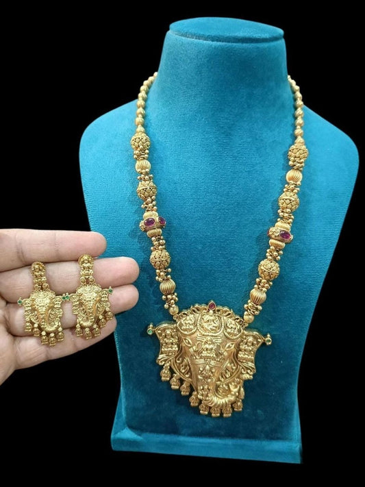 Ishhaara Traditional Temple Gold Long Necklace Set — handcrafted Indian jewellery